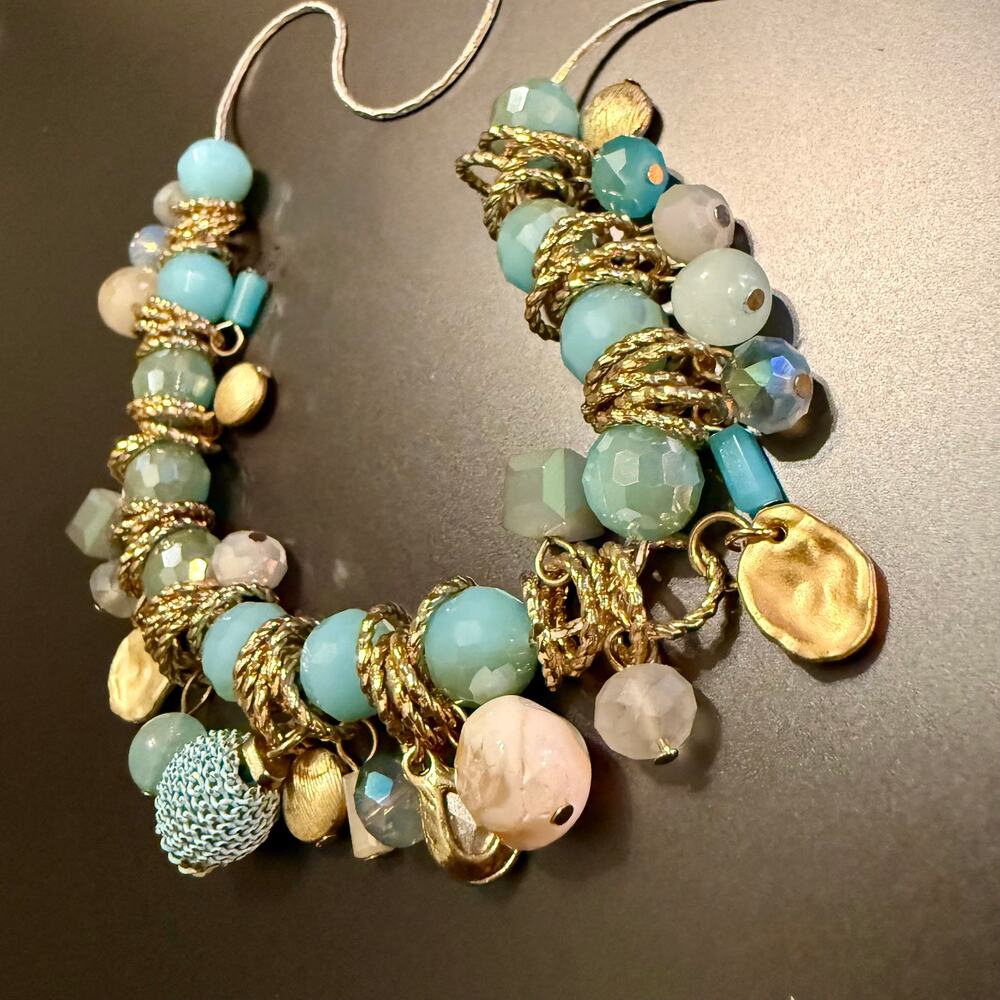 Coastal Inspired Aqua Blue Gold & White Beaded Necklace - Picture 7 of 10